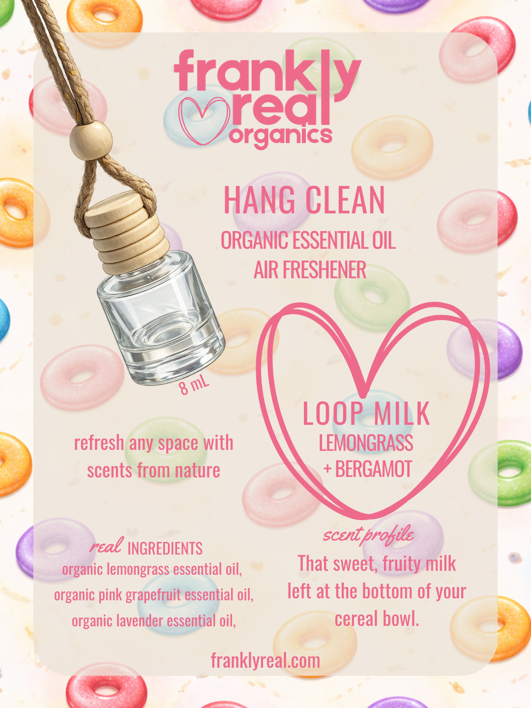 Hang Clean™ Organic Air Freshener – Lemongrass + Bergamot “Loop Milk” (8ml)