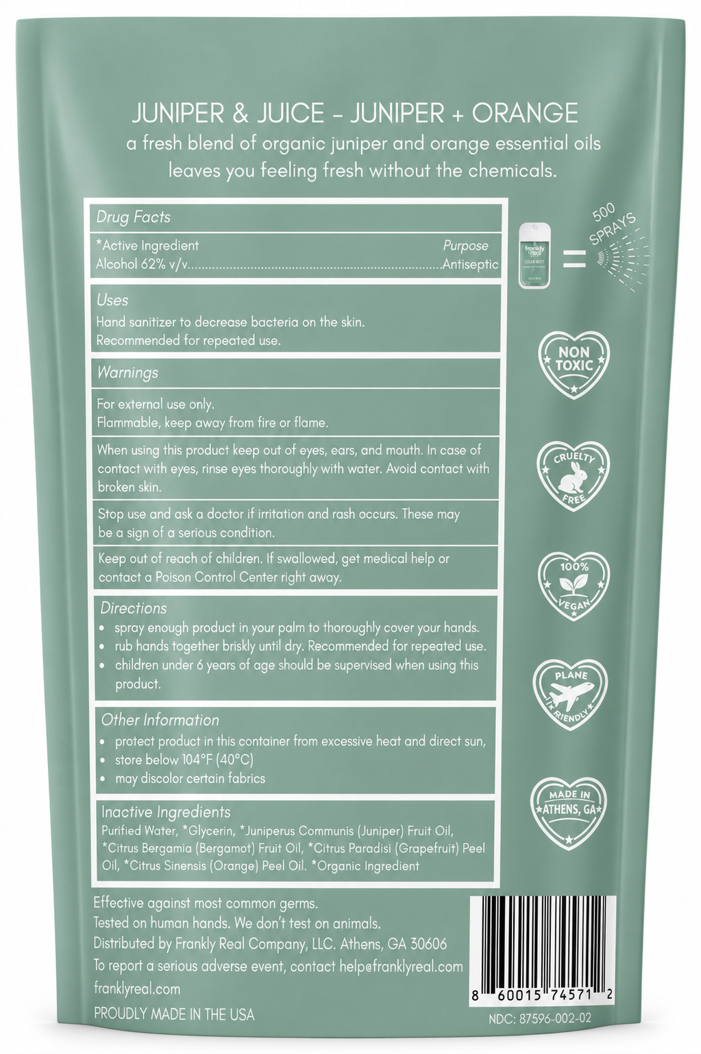 Organic Hand Sanitizer Spray – Juniper + Orange – Juniper & Juice – 30 mL | Clean Mist™