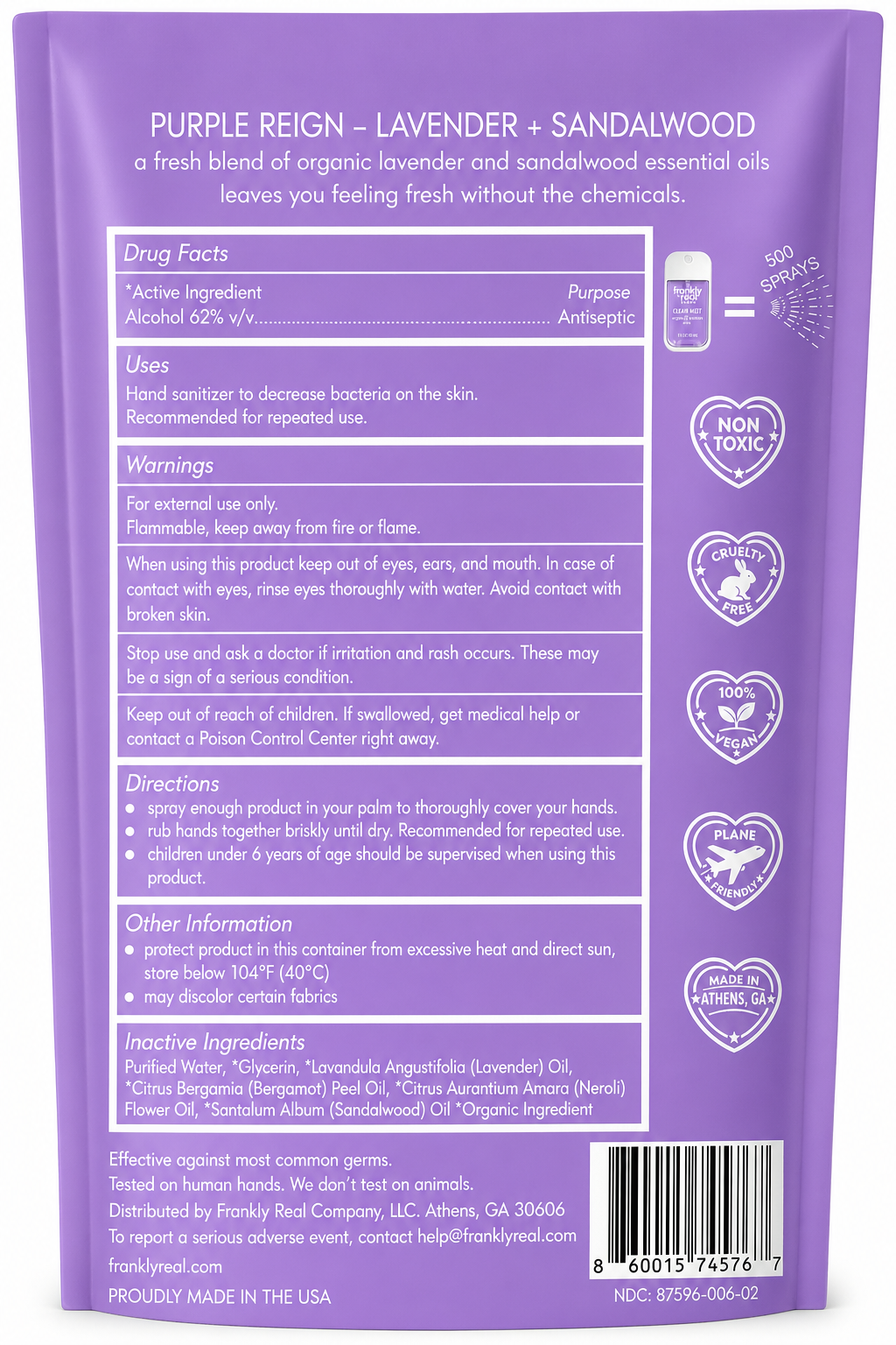 Organic Hand Sanitizer Spray – Lavender + Sandalwood – Purple Reign – 30 mL | Clean Mist™