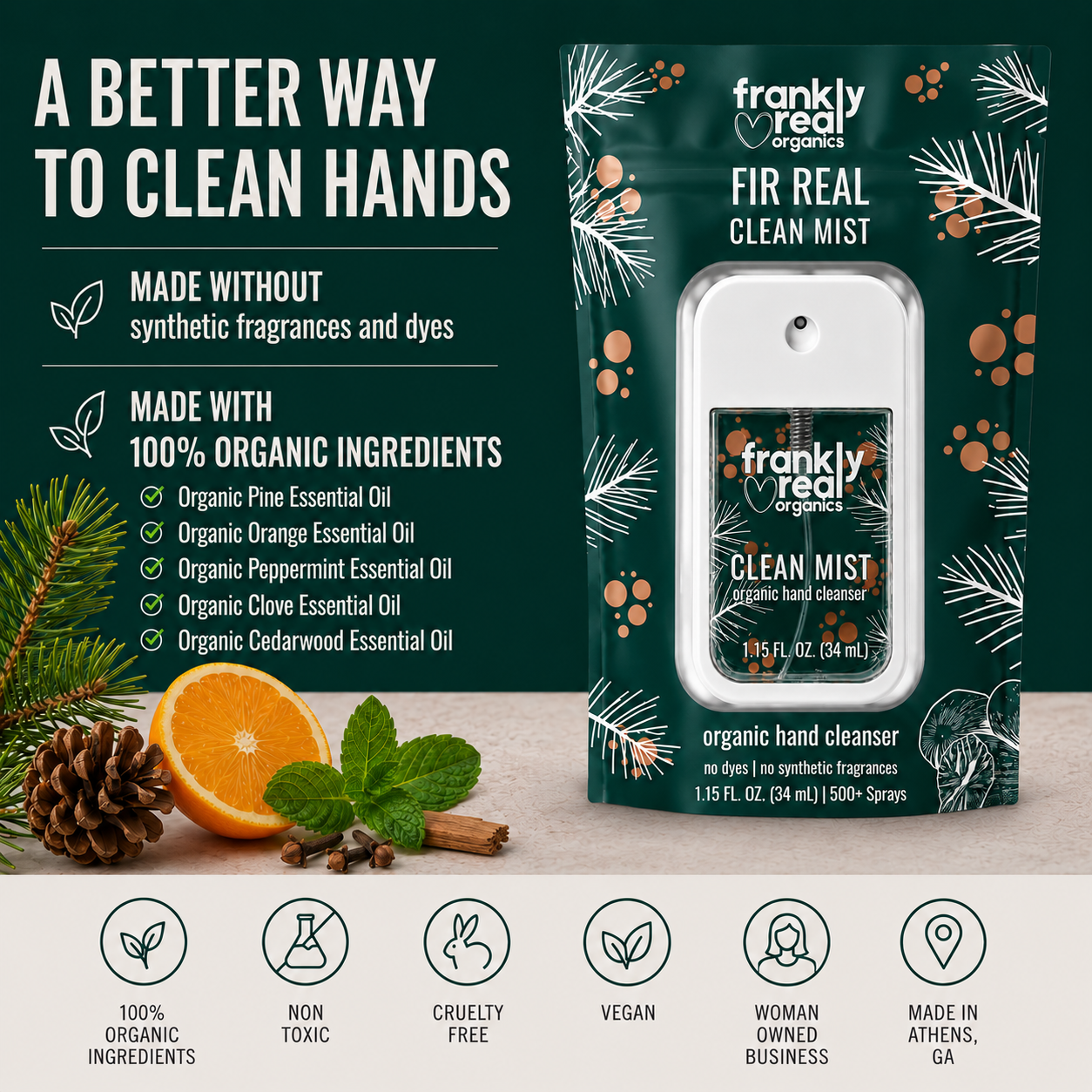 Organic Hand Cleanser Spray – Nutmeg + Pine – Fir Real – 34 mL | Clean Mist™