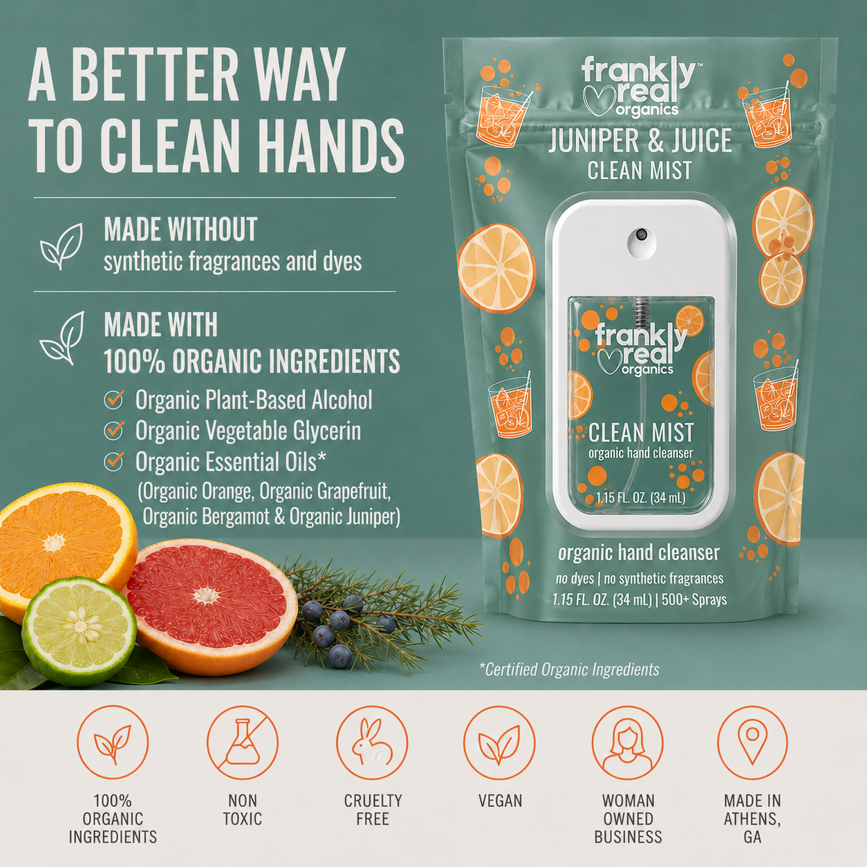 Organic Hand Cleanser Spray – Juniper + Orange – Juniper & Juice – 34 mL | Clean Mist™